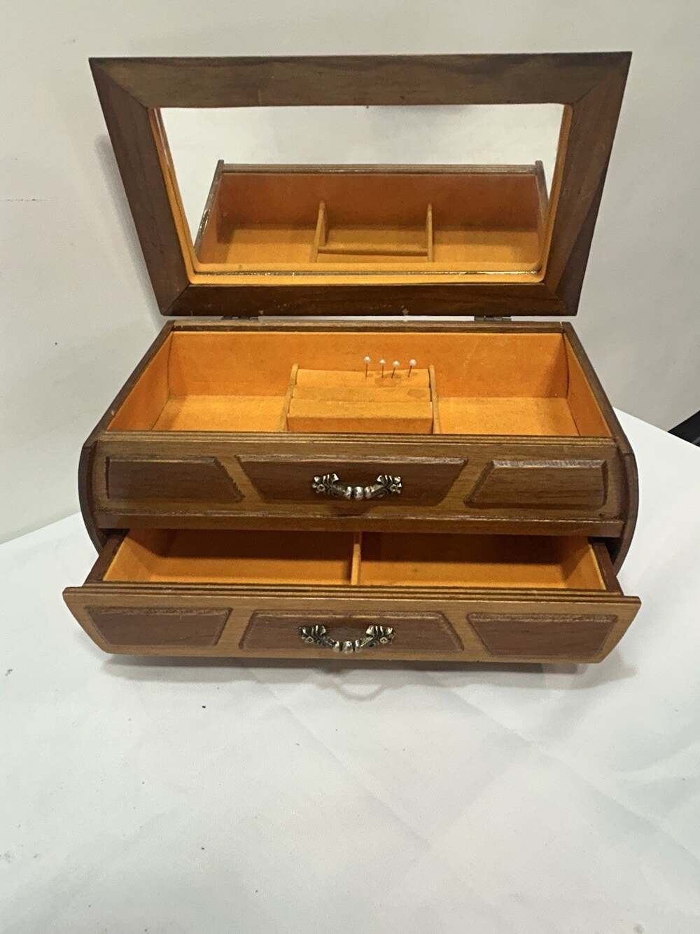Vintage Wooden Jewelry Box Chest Mirror Drawer Orange Velvet Lining Curved Sides
